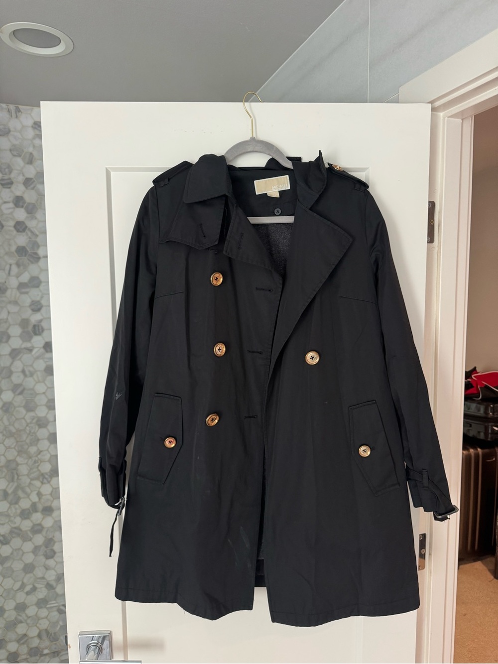 Michael Kors Black Double-Breasted Trench Coat with Tan Buttons